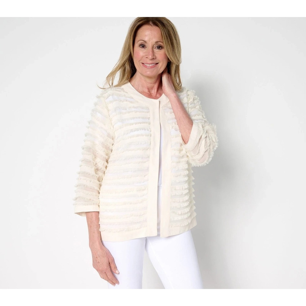 Susan Graver Eyelash Jacquard Woven 3/4-Sleeve Cardigan Ecrus, Large